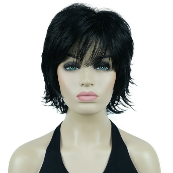 Short Layered Shaggy Wavy Full Synthetic Natural looking Heat Resistant Wig for Women, Black