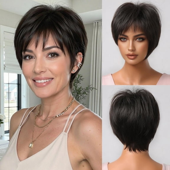 Short Layered Synthetic Wig for Women, Pixie Cut Wig with Side Bangs Heat Resistant Short Hair Wig for Daily Casual Wear