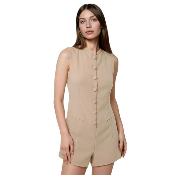 Short Leg Crew Neck Jumpsuit with Button Detail