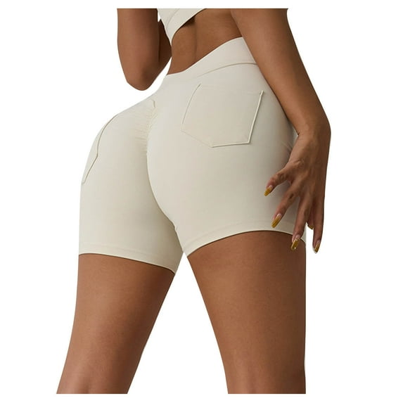 Short Leggings for Women with Pockets High Waist Hip Lifting Fitness Shorts Workout Leggings Stretch Yoga Shorts White,S