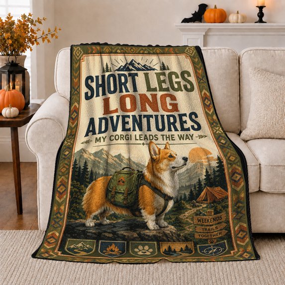 Short Legs Long Adventures Corgi Hiking Mountain Design, Festive Pet Portrait Pattern, Warm Flannel Blanket for Cabin and Lodge, Dog Lovers Christmas Gift, Pet Lover Home Decor