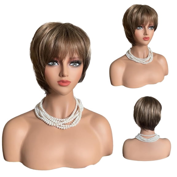 Short Light Brown Layered Pixie Wig for Women, | Brown Highlighted, Synthetic Hair, With Bangs, Natural Fluffy Short Bob, Heat Resistant