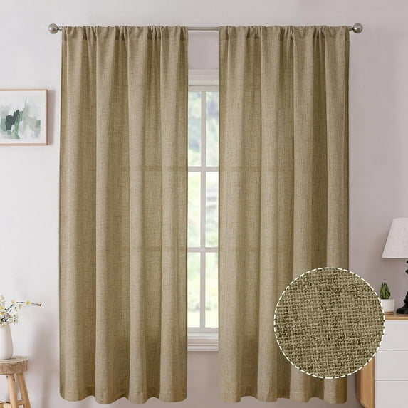 Short Linen Curtains Living Room Rod Pocket Semi Sheer Curtain Burlap Light Filtering Thick Linen Drapes for Bedroom, 54 x 54 inches Long, Taupe, Set of 2 Panels
