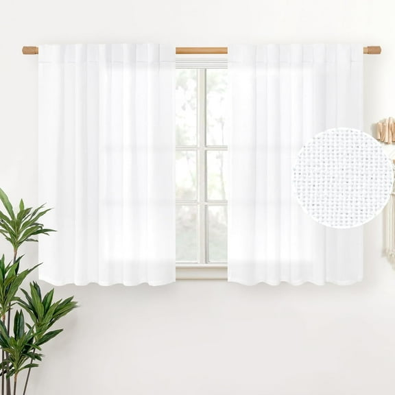 Short Linen Semi Sheer Curtains 36 Inch Length - White Drapes for Small Window Kitchen Cafe, Light Filtering with Rod Pocket Back Tab Textured Decorative, 42 X 36 Inch, 2 Panels