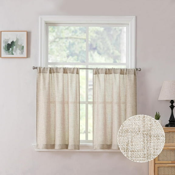 Short Linen Tier Curtains Rod Pocket Semi Sheer Half Kitchen Curtain Burlap Light Filtering Thick Linen Drapes for Bathroom, Natural, Set of 2 Panels