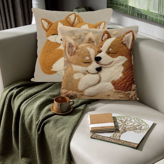 Short Lint Dogs Embroidery Pillow Cover - Aesthetic 2D Printed Decorative Throw Pillowcase, No Insert Sofa Bedroom Living Room Pillow Cover, Cute Easter Gifts & Home Decor Cushion Case, 18*18in, F