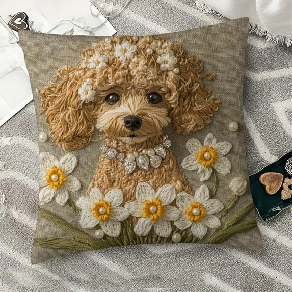 Short Lint Pillow Cover 18 inch Cute Dog Embroidery Decorative Throw Pillows, Cozy Soft Decorative Couch Cushion Case for Chair Sofa Bedroom Living Room Home Decoration