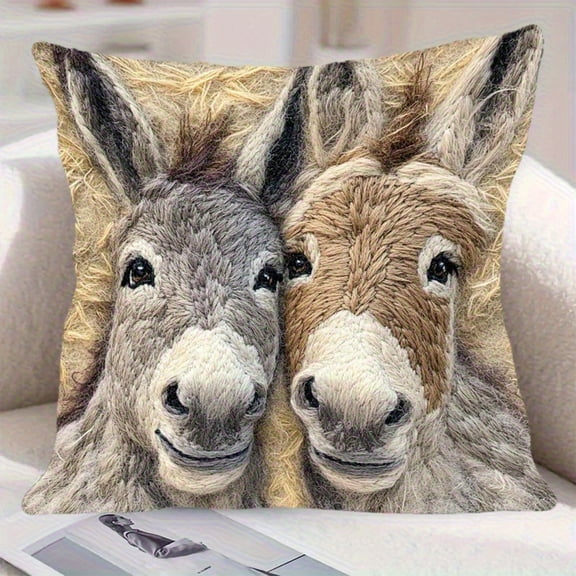 Short Lint Pillow Cover, Two Donkeys 2D Faux Embroidery Design, No Insert Decorative Case for Sofa Living Room Bedroom Dorm Home Decor, 18x18in/45x45cm, H