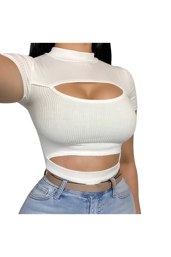 Short Long Sleeve Shirts for Women Basic Turtle Neck Cut Out Tops Going Out T-Shirt Tee