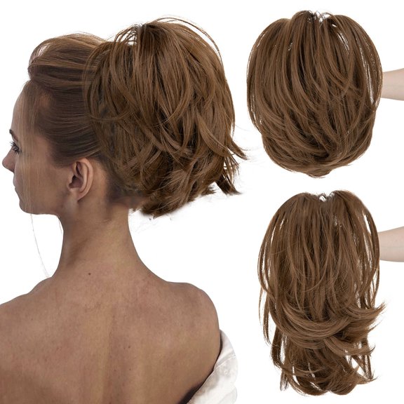 Short Messy Bun Hair Piece – 8 Inch Clip-In Ponytail Extension with Bendable Wire (Heat-Resistant Fiber, Adjustable, Multi-Color Options), Classic Coffee Brown