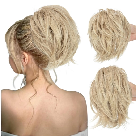 Short Messy Bun Hair Piece 8 Inch Clip-In Ponytail Extension with Bendable Wire (Heat-Resistant Fiber, Adjustable, Multi-Color Options), Golden Beige