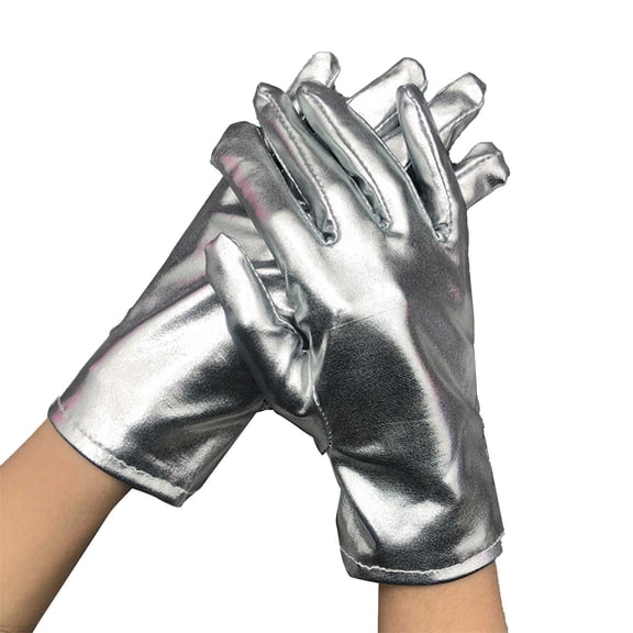 Short Metallic Gloves, Shiny Opera Cosplay Gloves for Adults, Stretchy PU Coated Gloves for Role Play Costume, Party Accessories for Halloween Christmas Stage Performance - Silver