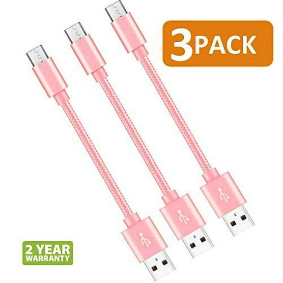 Short Micro USB Cable 8 Inch Nylon Braided Fast USB Charging Cord for for External Battery Charger, Samsung, HTC, LG, Android and More (3 Pack) Black (Pink)