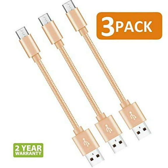 Short Micro USB Cable 8 Inch Nylon Braided Fast USB Charging Cord for for External Battery Charger, Samsung, HTC, LG, Android and More (3 Pack) Black (Gold)