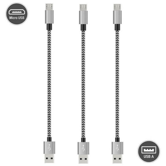 Short Micro USB to USB Fast Charger Cable Cords, High Speed Data and Charging, Nylon Braided, 3-Pack, 10-Inch, Black/Silver