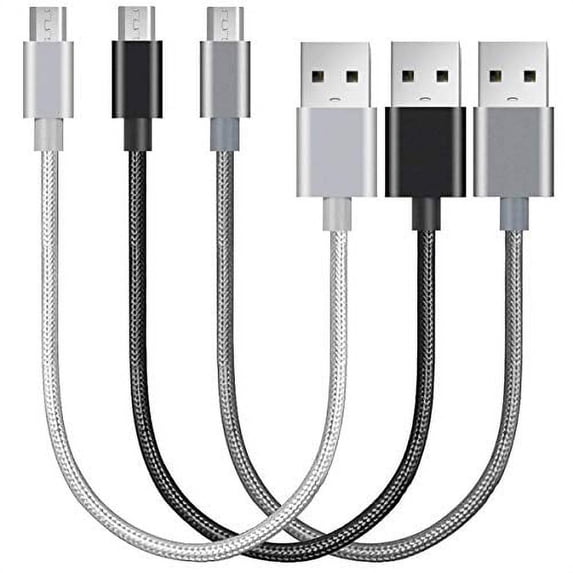 Short Micro USB to USB Fast Charger Cable Cords, High Speed Data and Charging, Nylon Braided, 3-Pack, 8-Inch, Silver, Grey, Black