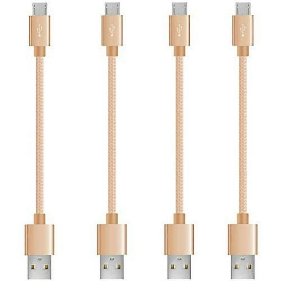Short Micro USB to USB Fast Charger Cable Cords, High Speed Data and Charging, Nylon Braided, 4-Pack 10-Inch, Gold