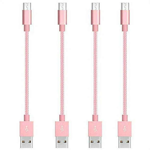 Short Micro USB to USB Fast Charger Cable Cords, High Speed Data and Charging, Nylon Braided, 4-Pack 10-Inch, Pink