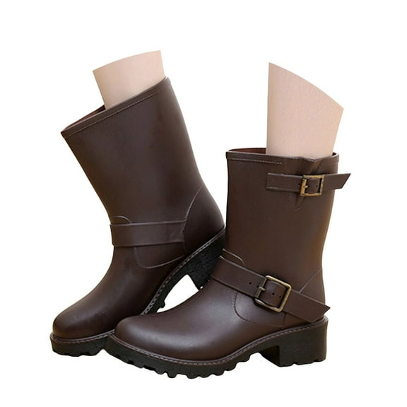 Short Mid Calf Rain Boots for Women Fashion Classic Buckle Waterproof Rubber Slip on Rainboots Garden Shoes