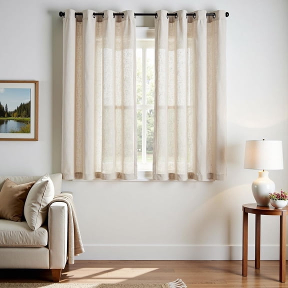 Short Nautral Linen Curta63 Inch Length For Small Window Decoration Farmhouse Light Filtering Beige Living Room Bedroom 38 Wide Semi Sheer Drapes With Grommet Top 2 Panel