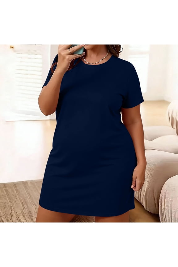 Short Nightgowns for Women Plus Size Casual Short Sleeve Crew Neck Breathable Comfy Knee Length Tunic Dress L-5XL