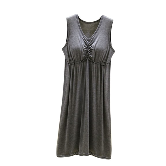 Short Nightgowns for Women with Built in Bra Soft Ruched V Neck Pajama Nightgown Summer Sleeveless Tank Dress Sleepwear Dark Gray One Size