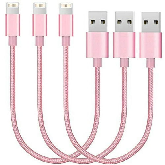 Short Nylon Braided USB Lightning Charging Cable/Data USB Compatible for iPhoneX Case /8/8 Plus/7/7 Plus/6/6s Plus,iPad Mini- Rose Pink, 8-inch, 3-Pack