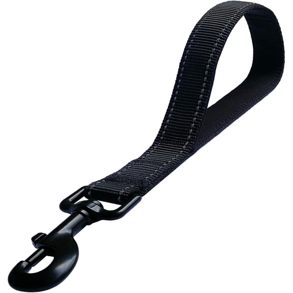 Short Nylon Dog Lead - Heavy Duty Padded Handle - Reflective Black, 12 Inch for Large & Medium Dogs