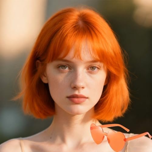 Short Orange Bob Wig With Bangs -12 Inch Fashion Bob Wigs for Women, Cute Colored Synthetic Wig for Daily Party Halloween (Orange, 12 Inch)