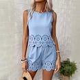 thumbnail image 1 of Short Outfits For Women 2 Piece Sets Summer Eyelet Embroidery Sleeveless Scalloped Tank Top & Drawstring Shorts Set Blue XL, 1 of 4