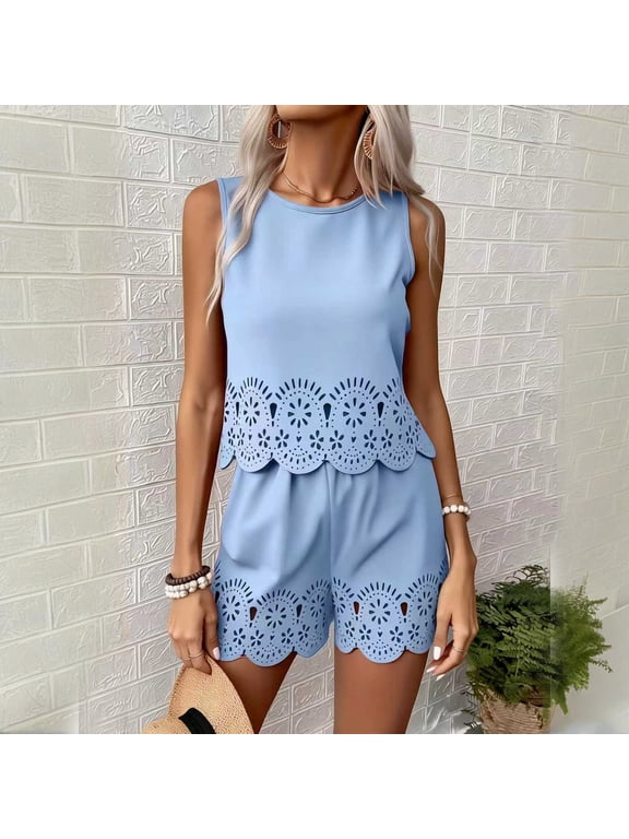 Short Outfits For Women 2 Piece Sets Summer Eyelet Embroidery Sleeveless Scalloped Tank Top & Drawstring Shorts Set Blue XS