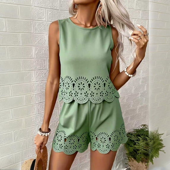 Short Outfits For Women 2 Piece Sets Summer Eyelet Embroidery Sleeveless Scalloped Tank Top & Drawstring Shorts Set Green 2XL