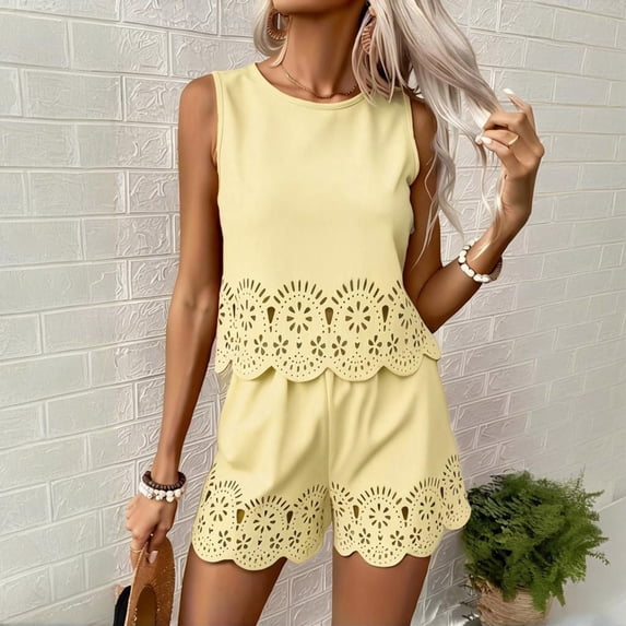 Short Outfits For Women 2 Piece Sets Summer Eyelet Embroidery Sleeveless Scalloped Tank Top & Drawstring Shorts Set Yellow S