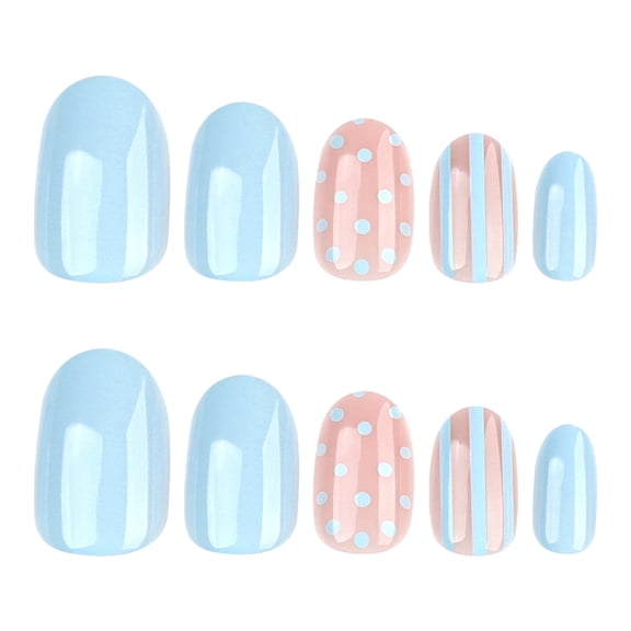 Light Blue and Pink Polka Dot Press on Nails Short Square Fake Nails with Glossy Finish Light Blue Solid Pink Full Cover Adhesive Press Ons Chic Acrylic False Nails Press on Nail Set 24 Pcs