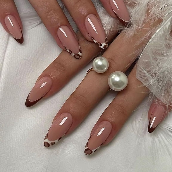 Short Oval Press on Nails, Tortoise Shell Pattern with Gold French Tips Designs, Nude Pink Base Fake Nails, Cute Glue on Nails for Women, 24 Pieces Brown, Pink, Yellow, Black pattern2