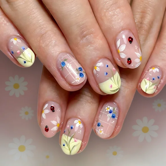 Short Oval Press On Nails, Spring Floral Blueberry Fresh Style Nail Tips, 24 Pcs Removable False Nails