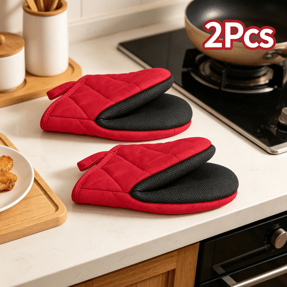 Short Oven Mitts Set, Heat Resistant Cotton Kitchen Pot Holders with Non-Slip Grip and Hanging Loop, Mini Oven Gloves for Microwave, Baking and Cooking, 1 Pair,Red