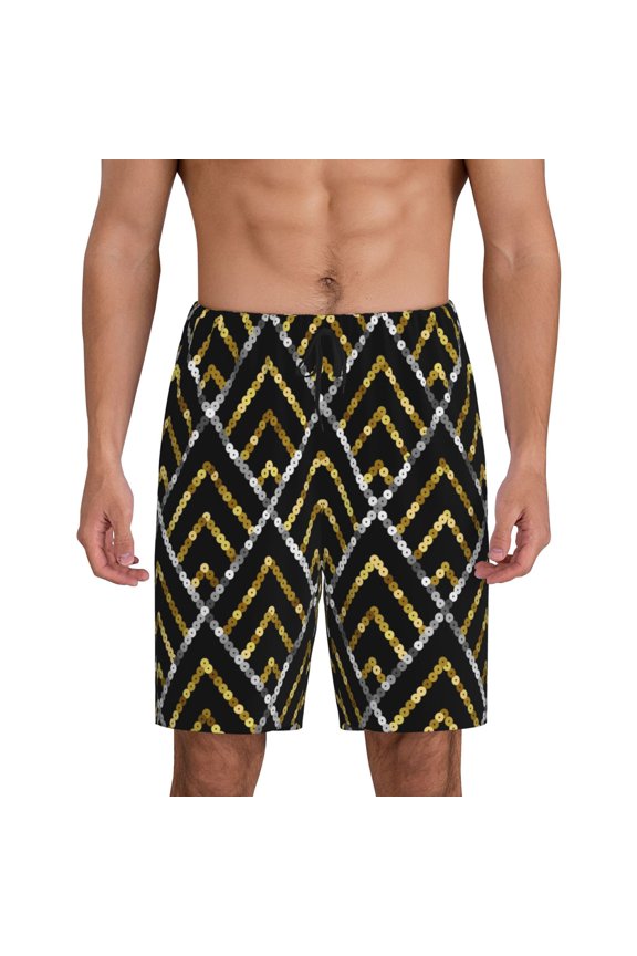 Short Pajama Pants Sleep Shorts Loungewear Breathable Summer Nightwear, Golden Sequin Glitter Geometric