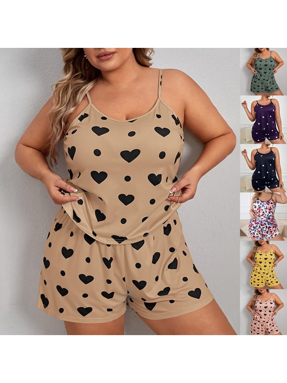 Short Pajama Set for Women Heart Print Cami Tee Shorts Plus Size Summer Comfy Loungewear Pajamas for Women Set Green XXXXL