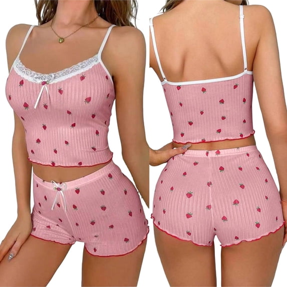 Short Pajama Set for Women Strawberry Print Cami Shorts Fitted Comfy 2 Piece Womens Pajama Sets Pink L