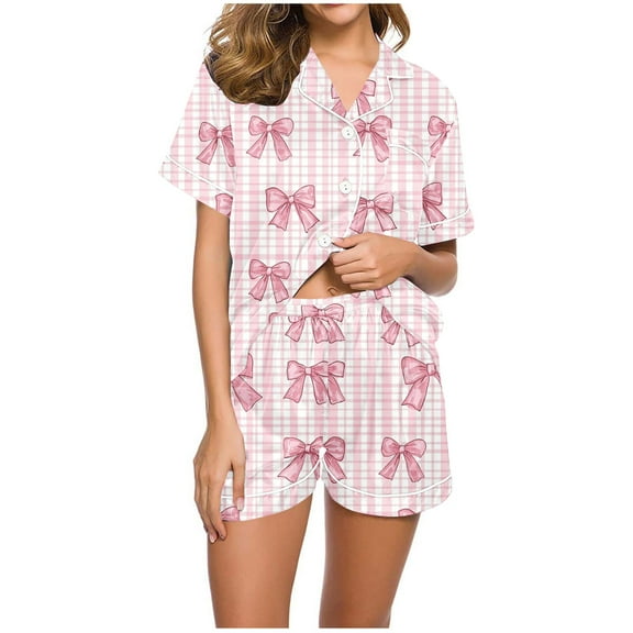 Short Pajamas for Women Cute Graphic 2 Piece Pajama Set Short Sleeve Button Down Sleepwear Lapel Shirt Pj Short Set