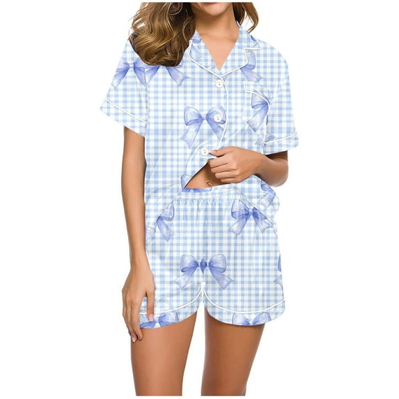 Short Pajamas for Women Cute Graphic 2 Piece Pajama Set Short Sleeve Button Down Sleepwear Lapel Shirt Pj Short Set