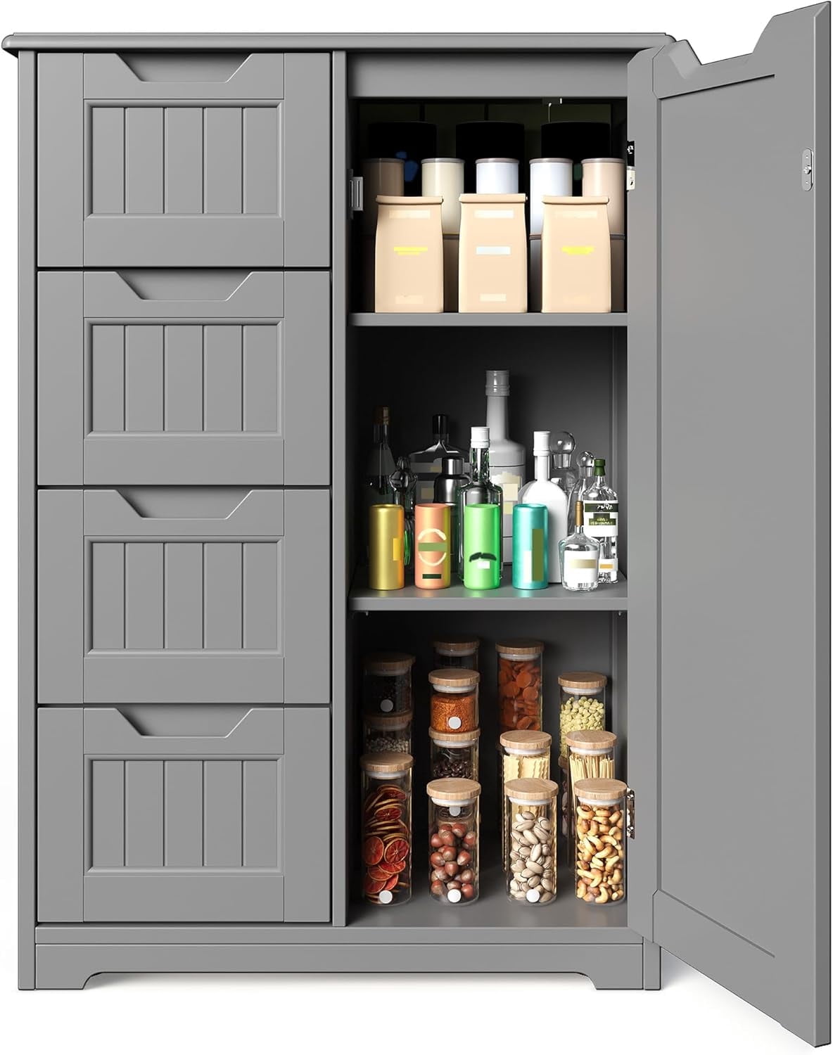 Short Pantry Storage Cabinet, Noelse 33'' Small Kitchen Pantry with 4 Drawers 3 Shelves and 1 door for Kitchen Dining Room and Bathroom, Gray