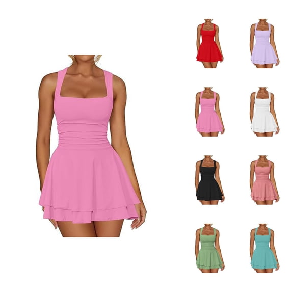 Short Party Dress for Women Summer Sleeveless Square Neck Tiered Ruffle Hem Ruched Waist A Line Mini Dress