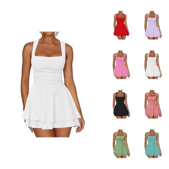 Short Party Dress for Women Summer Sleeveless Square Neck Tiered Ruffle Hem Ruched Waist A Line Mini Dress