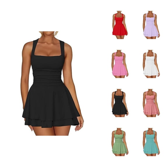 Short Party Dress for Women Summer Sleeveless Square Neck Tiered Ruffle Hem Ruched Waist A Line Mini Dress