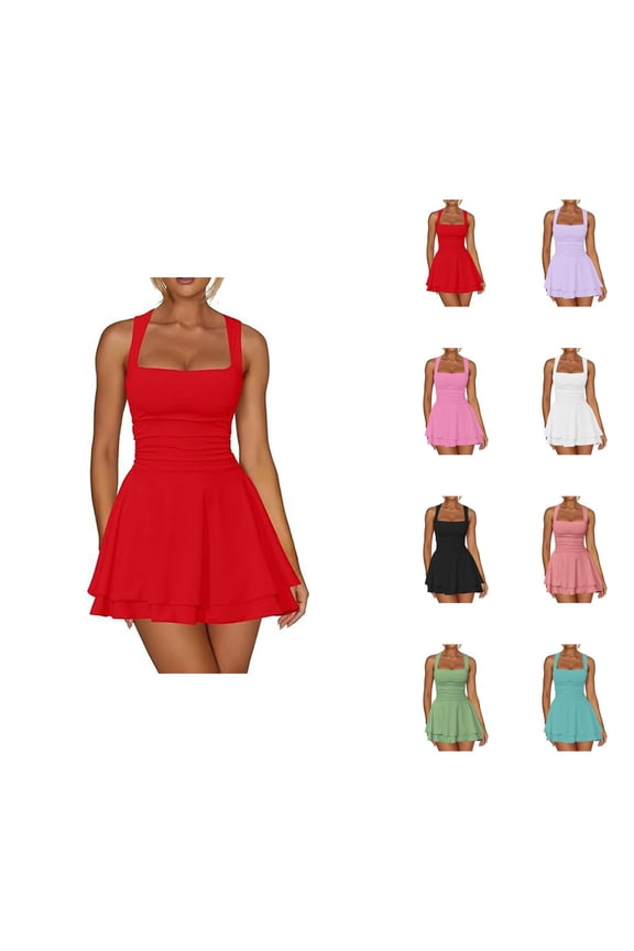 Short Party Dress for Women Summer Sleeveless Square Neck Tiered Ruffle Hem Ruched Waist A Line Mini Dress