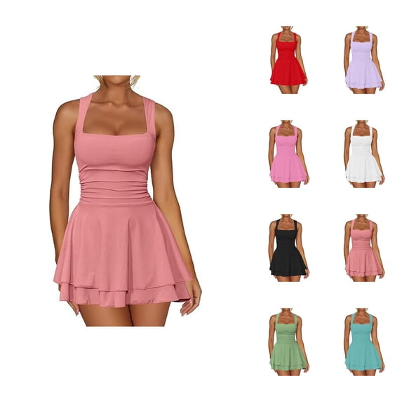 Short Party Dress for Women Summer Sleeveless Square Neck Tiered Ruffle Hem Ruched Waist A Line Mini Dress