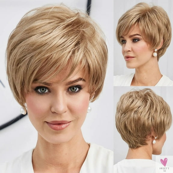 Short Pixie Cut Ash Blonde Wigs for Women with Bangs - Blonde Natural Layer Blended Hair, Kanekalon Human Hair Like Texture Wigs