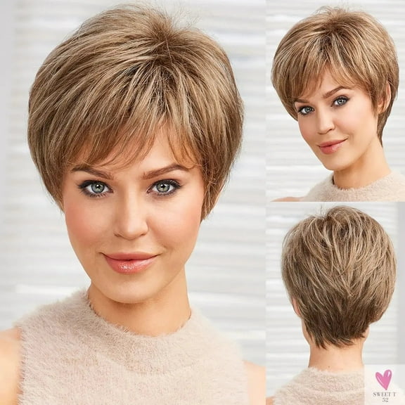 Short Pixie Cut Ash Blonde Wigs for Women with Bangs - Blonde Natural Layer Blended Hair, Kanekalon Human Hair Like Texture Wigs